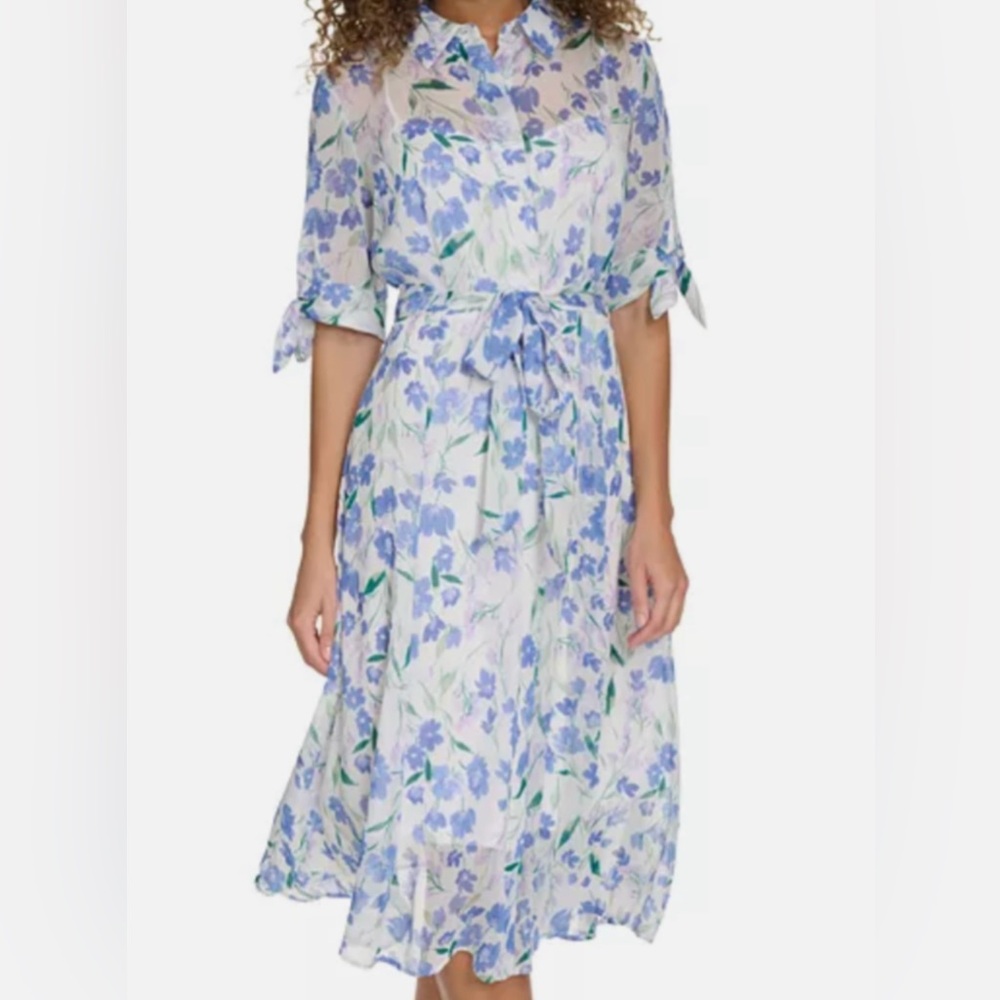 Calvin Klein Blue and Purple Smocked Midi Dress